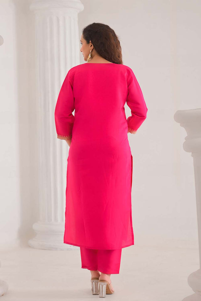 Pink Embroidered Chanderi Kurti Pant Set