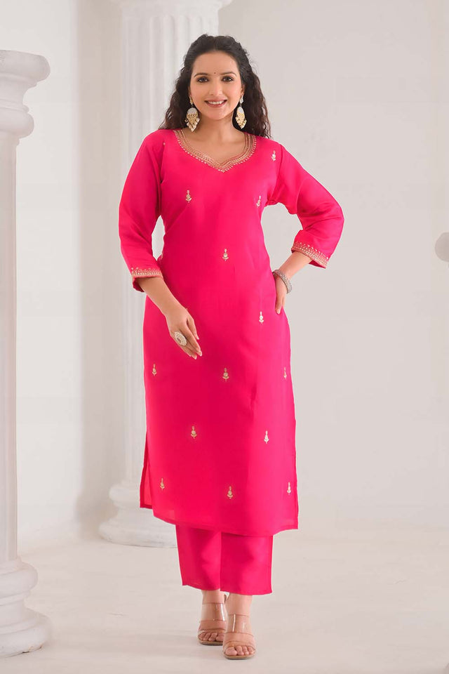 Pink Embroidered Chanderi Kurti Pant Set