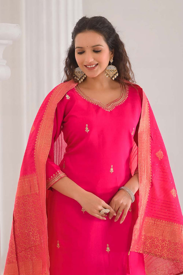 Pink Embroidered Chanderi Kurti Pant Set