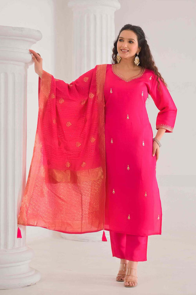 Pink Embroidered Chanderi Kurti Pant Set