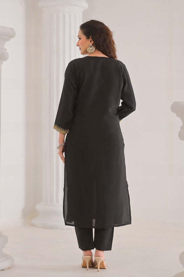 Black Embroidered Chanderi Kurti Pant Set