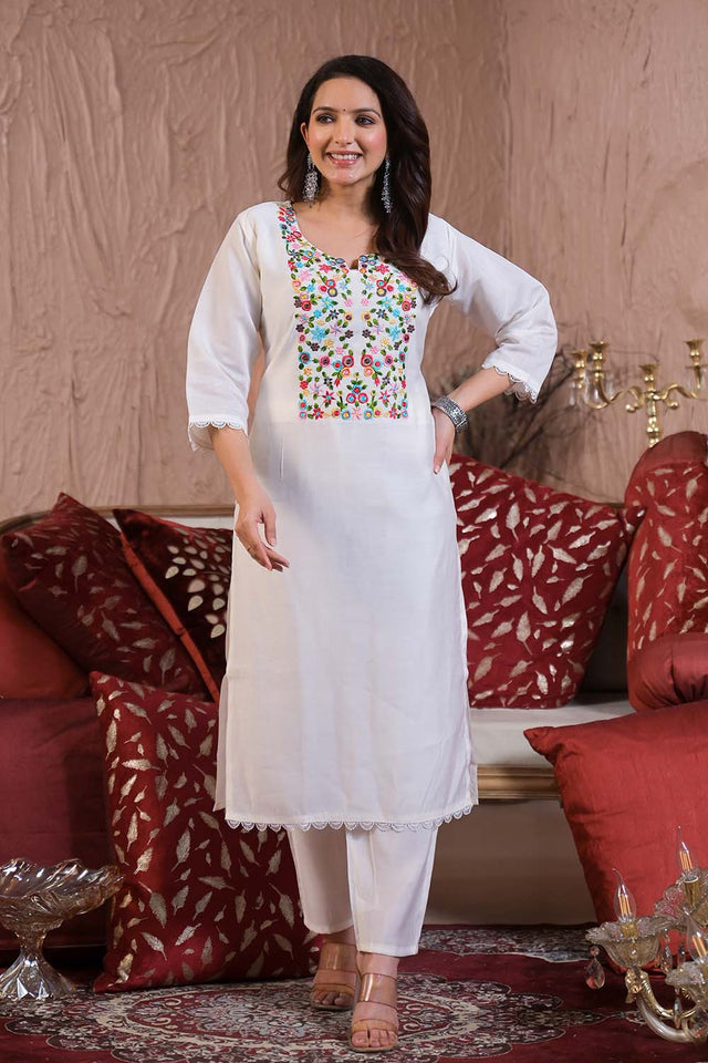 White Embroidered Chanderi Kurti Pant Set (ACZ6395)