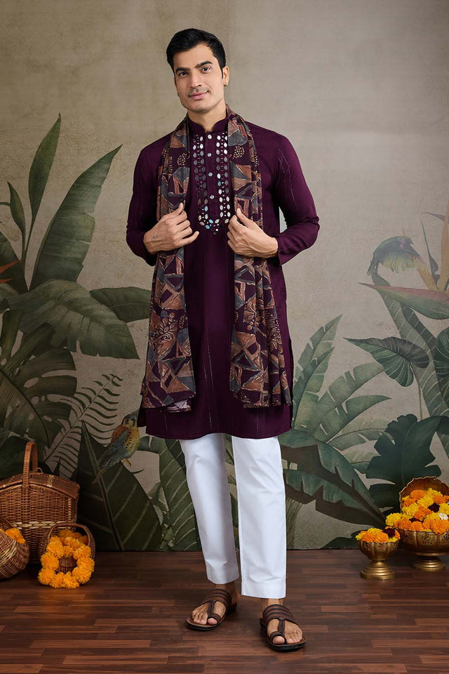 Purple Solid Viscose Men's Kurta with Dupatta (ACZ6396)