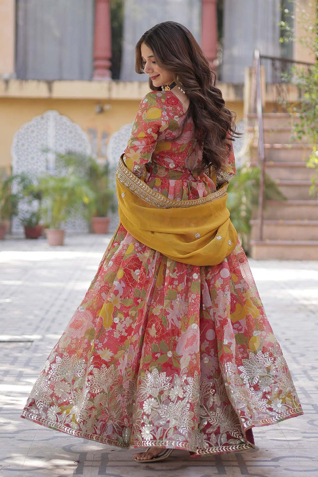 Red Floral Printed Silk Anarkali Suit Set (ACZ6498)
