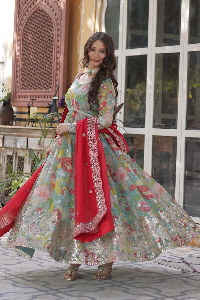 Blue Floral Printed Silk Anarkali Suit Set (ACZ6499)