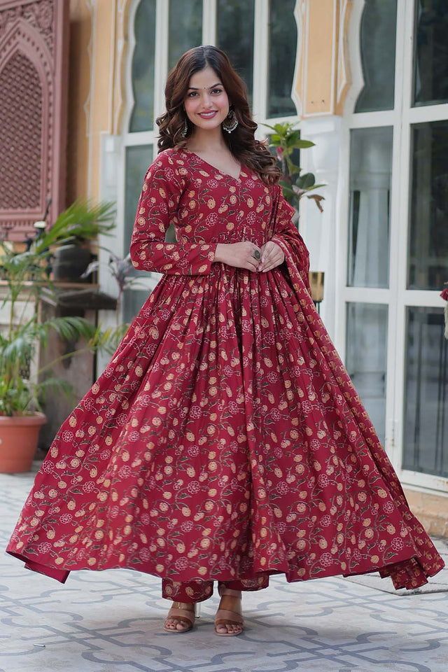 Maroon Floral Printed Cotton Anarkali Suit Set (ACZ6502)