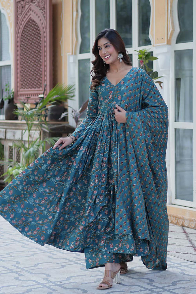 Turquoise Floral Printed Cotton Anarkali Suit Set (ACZ6503)