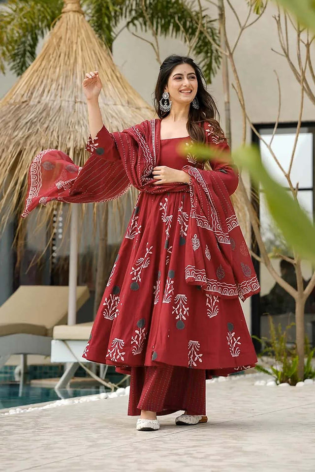 Red Floral Printed Cotton Anarkali Suit Set