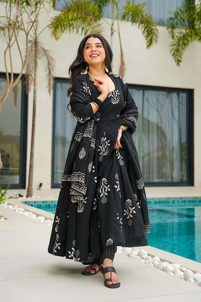 Black Floral Printed Cotton Anarkali Suit Set