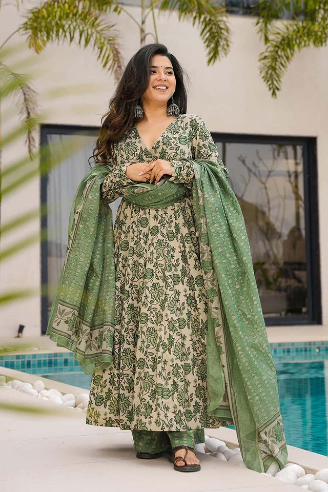 Green Floral Printed Cotton Anarkali Suit Set