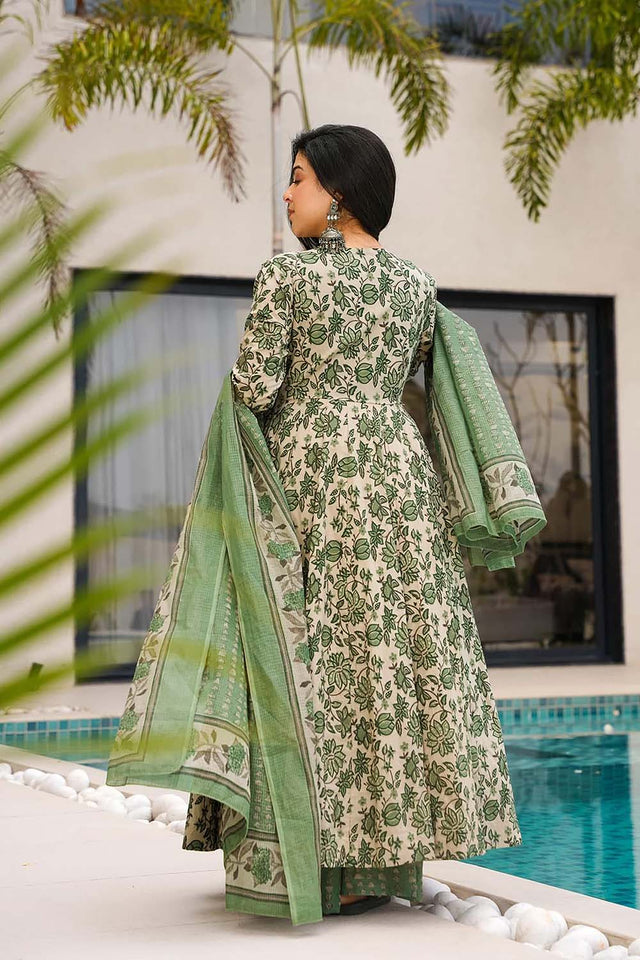 Green Floral Printed Cotton Anarkali Suit Set