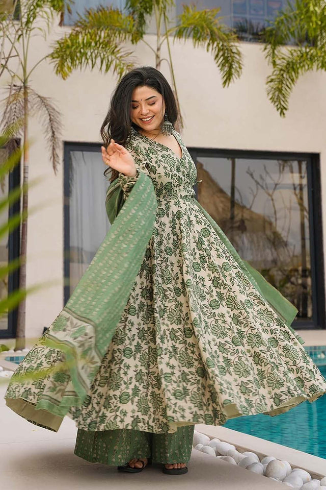 Green Floral Printed Cotton Anarkali Suit Set