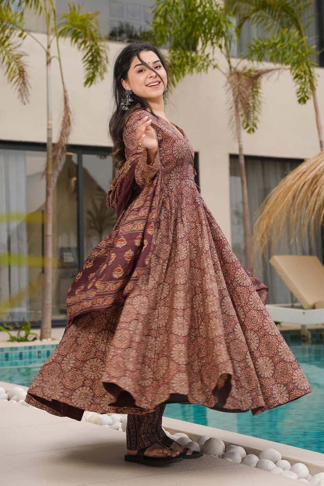 Brown Floral Printed Cotton Anarkali Suit Set