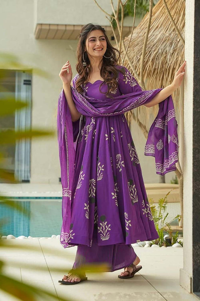 Purple Floral Printed Cotton Anarkali Suit Set