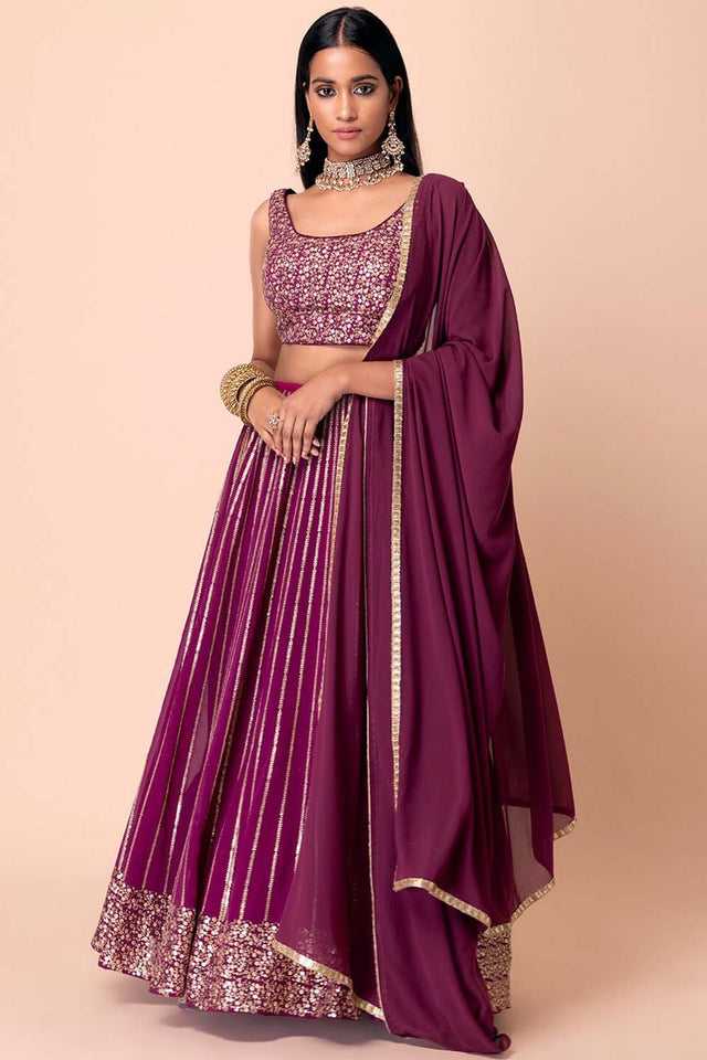 Wine Sequin Georgette Lehenga