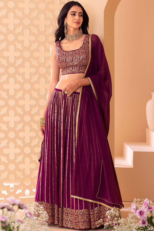 Wine Sequin Georgette Lehenga