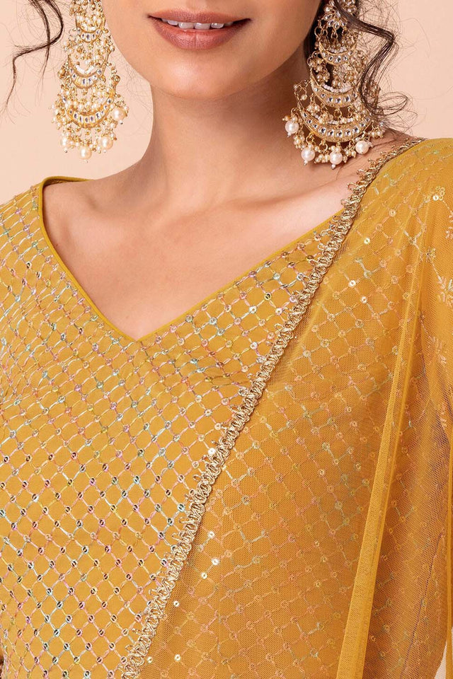 Yellow Sequin Georgette Lehenga