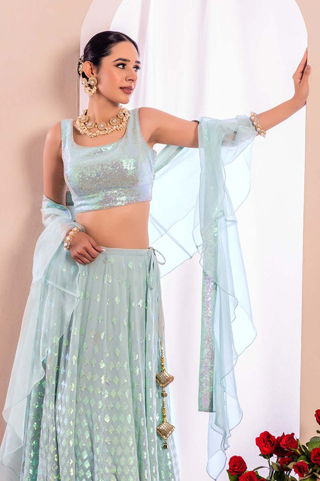 Blue Emblished with Sequin Georgette Lehenga