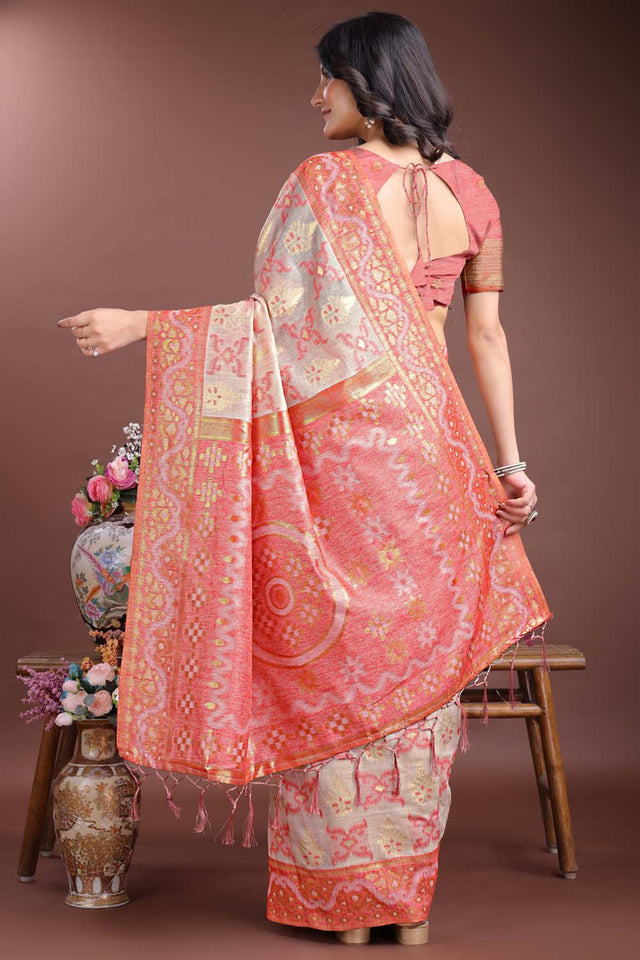 Pink Jacquard Woven Linen Cotton Saree
