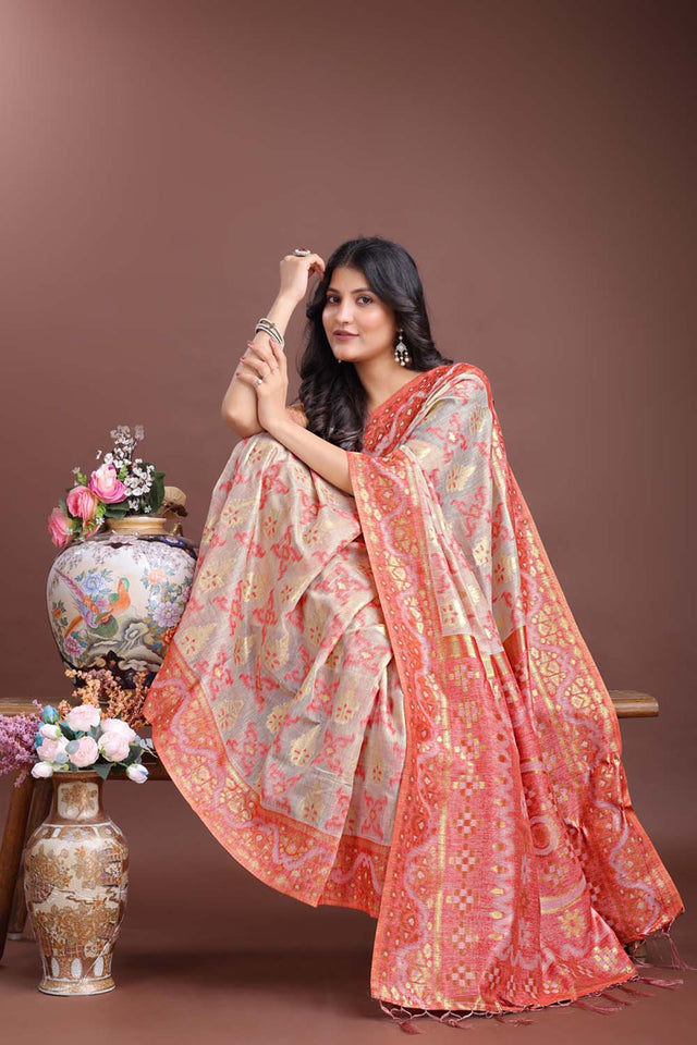 Pink Jacquard Woven Linen Cotton Saree