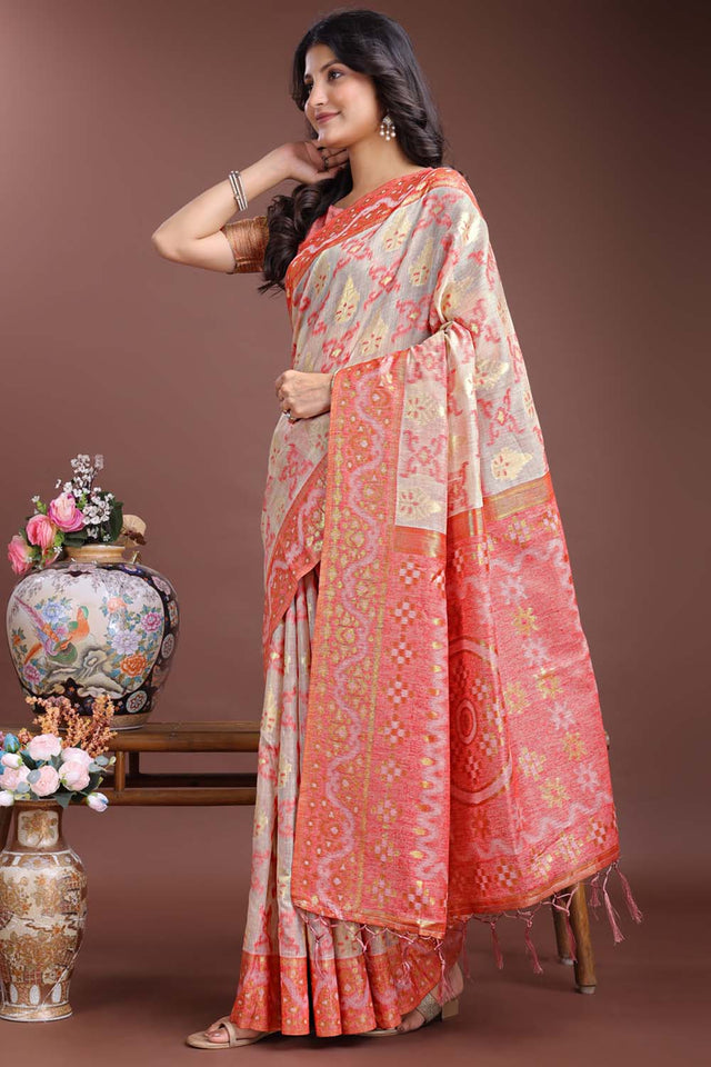 Pink Jacquard Woven Linen Cotton Saree