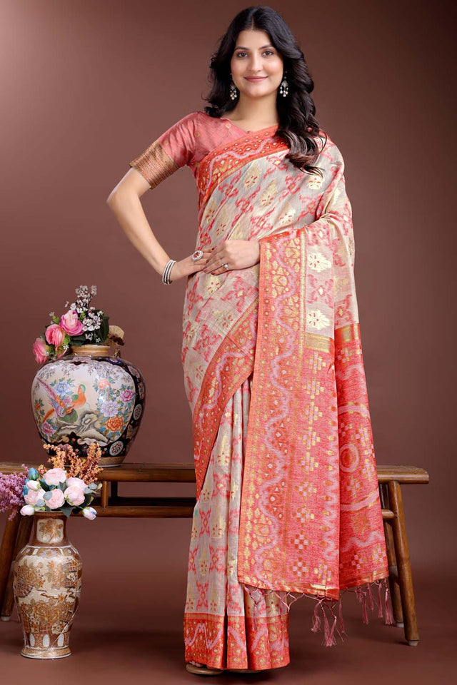Pink Jacquard Woven Linen Cotton Saree