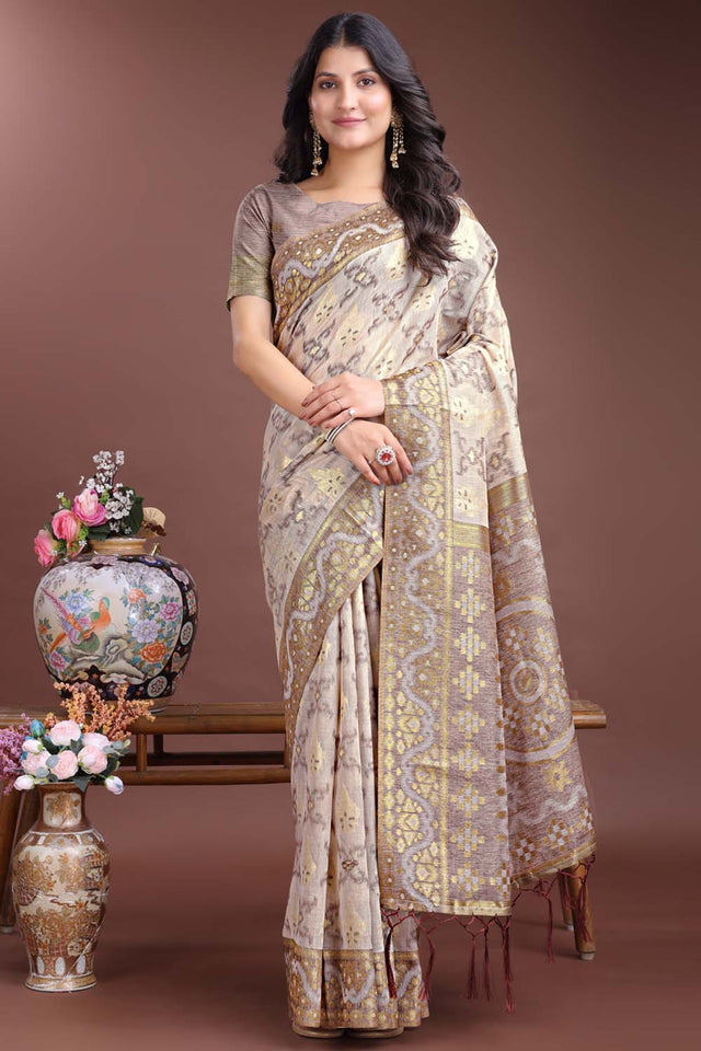 Brown Jacquard Woven Linen Cotton Saree