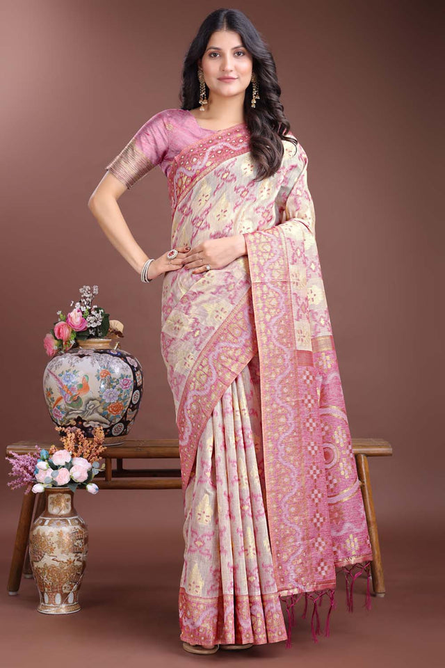 Purple Jacquard Woven Linen Cotton Saree