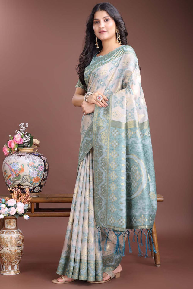 Green Jacquard Woven Linen Cotton Saree