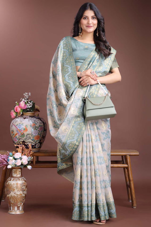Green Jacquard Woven Linen Cotton Saree