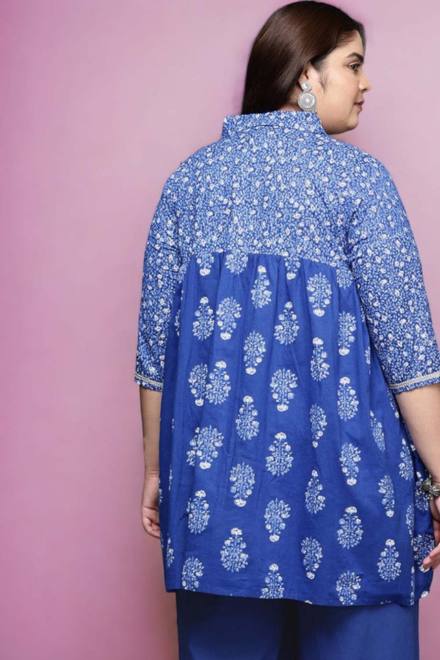 Blue Printed Cotton Short Kurti (ACZ6586)