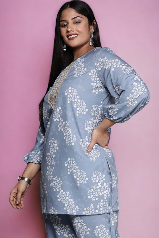 Grey Floral Printed Crepe Short Kurti (ACZ6589)