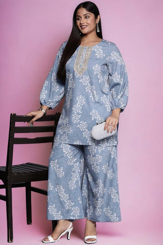 Grey Floral Printed Crepe Short Kurti (ACZ6589)
