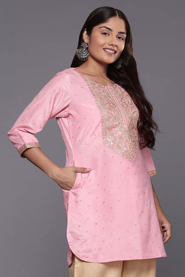 Pink Sequin with Embroidered Polyester Short Kurti (ACZ6591)