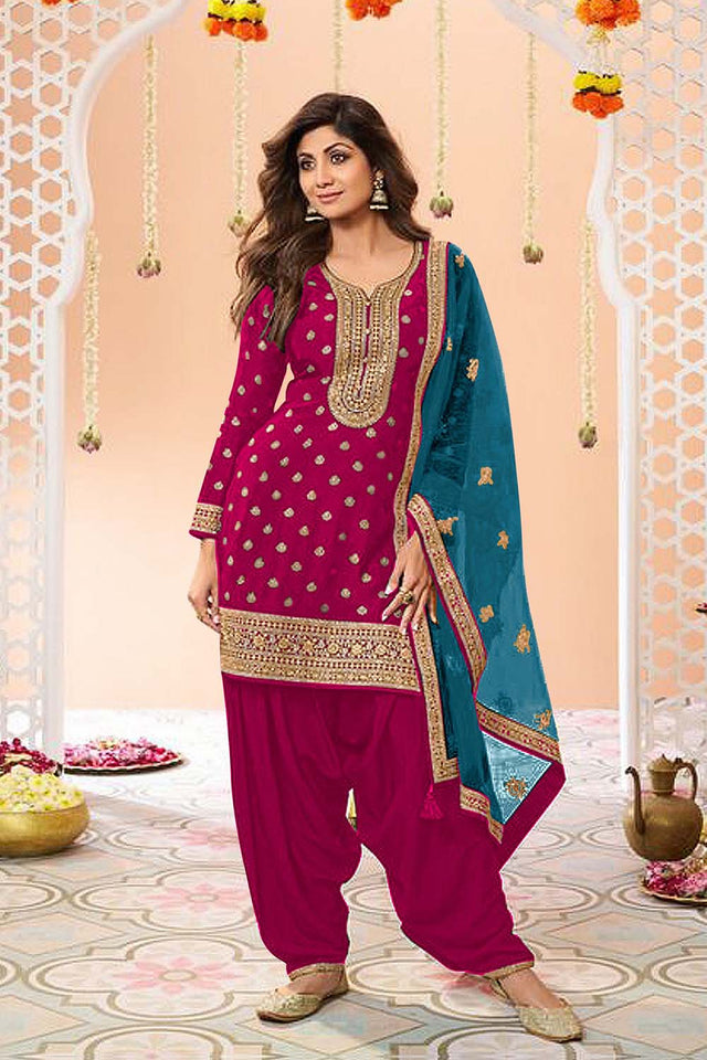 Pink Embroidered Silk Patiala Suit Set