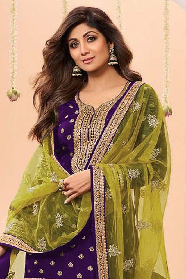 Purple Embroidered Silk Patiala Suit Set