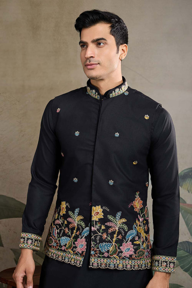 Men's Black Sequin with Embroidered Cotton Kurta with Jacket (ACZ6633)