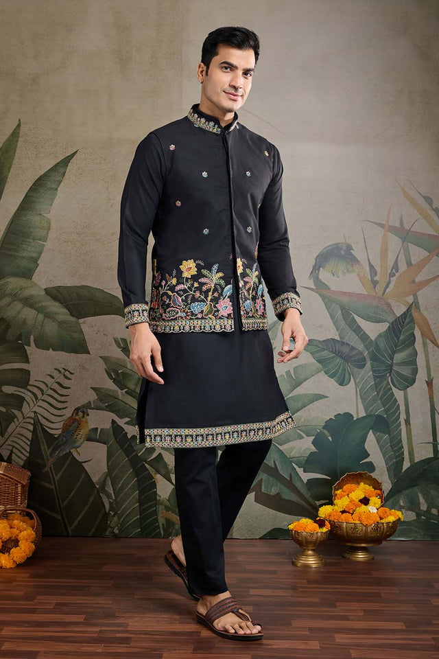 Men's Black Sequin with Embroidered Cotton Kurta with Jacket (ACZ6633)