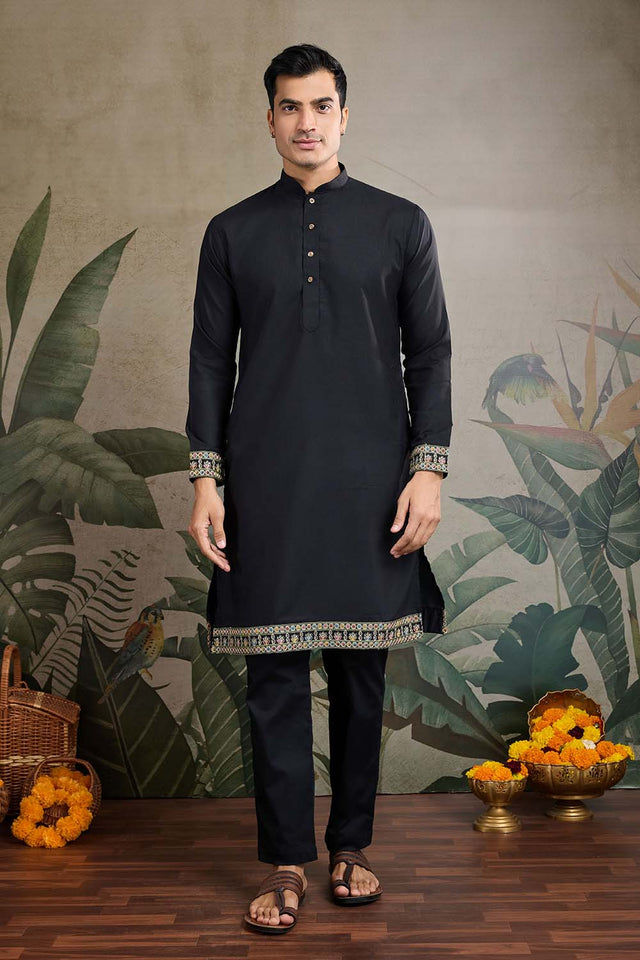 Men's Black Sequin with Embroidered Cotton Kurta with Jacket (ACZ6633)