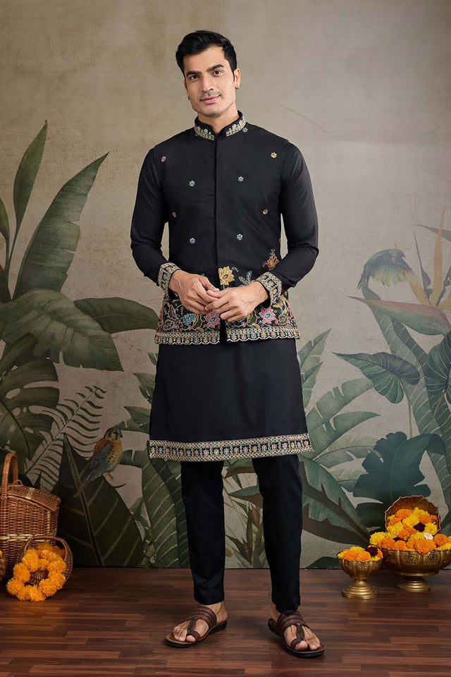 Men's Black Sequin with Embroidered Cotton Kurta with Jacket (ACZ6633)