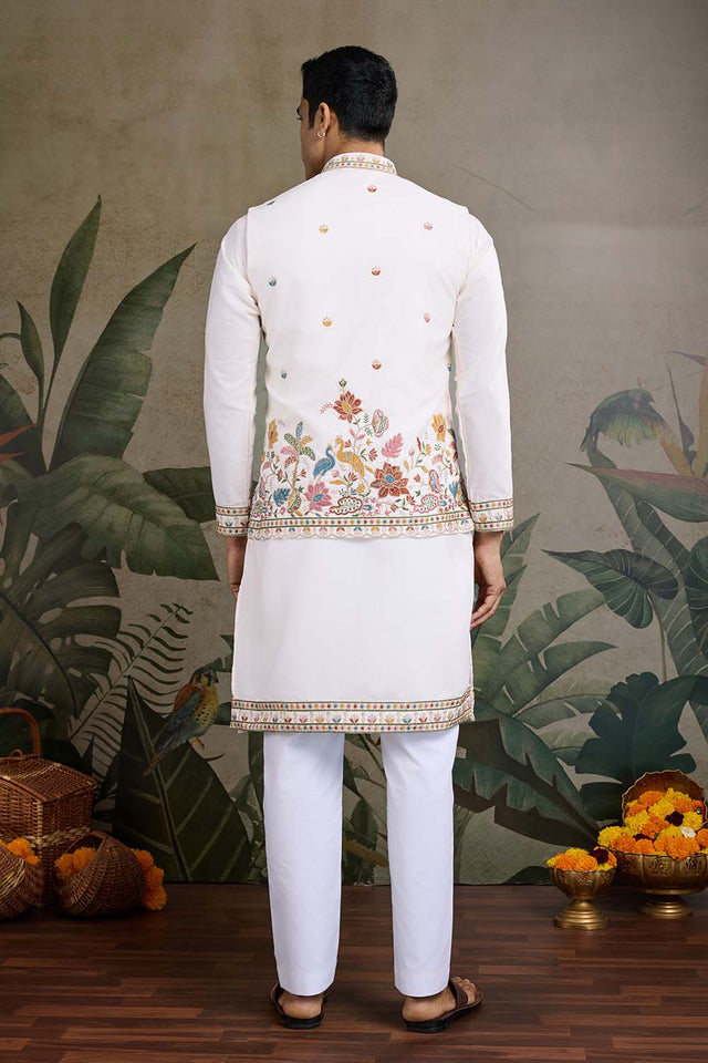Men's White Sequin with Embroidered Cotton Kurta with Jacket (ACZ6634)