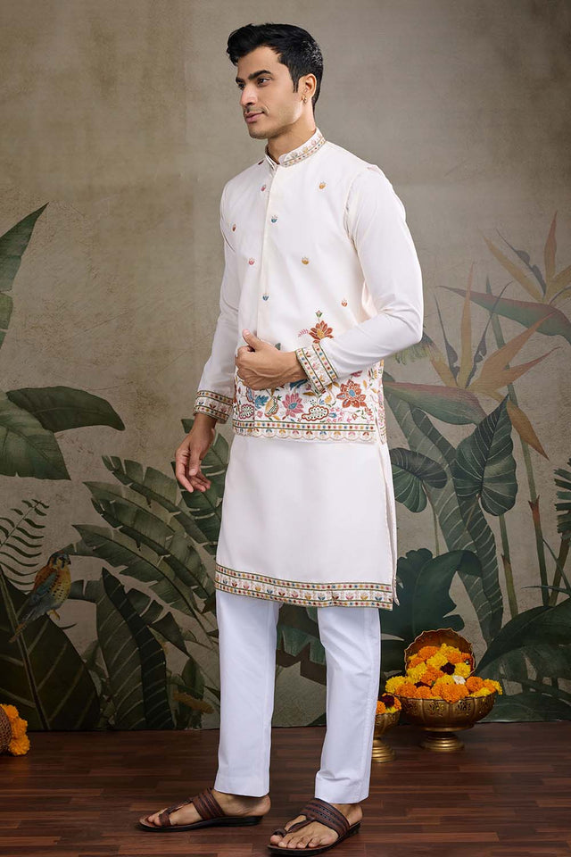 Men's White Sequin with Embroidered Cotton Kurta with Jacket (ACZ6634)
