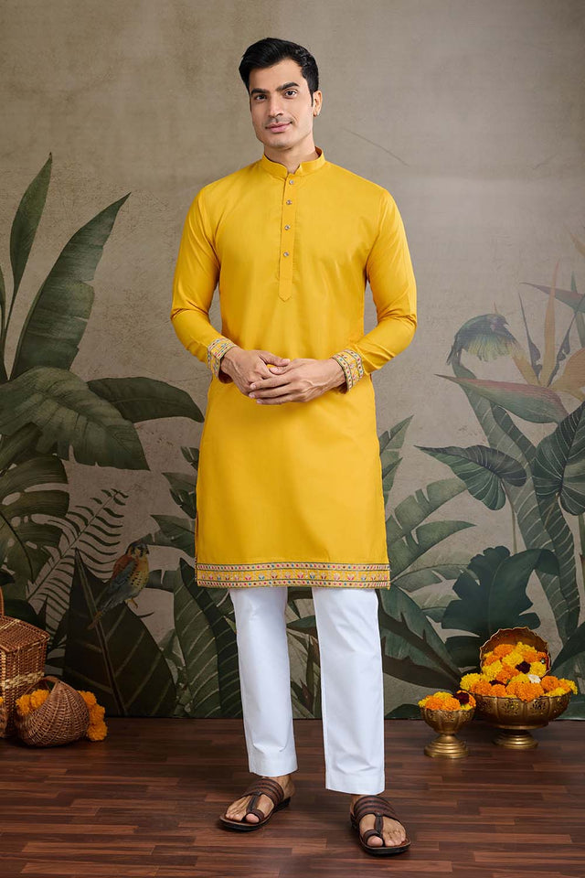 Men's Yellow Sequin with Embroidered Cotton Kurta with Jacket (ACZ6635)