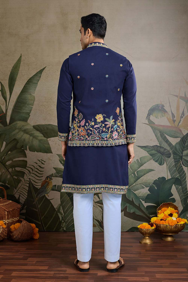 Men's Navy Blue Sequin with Embroidered Cotton Kurta with Jacket (ACZ6636)