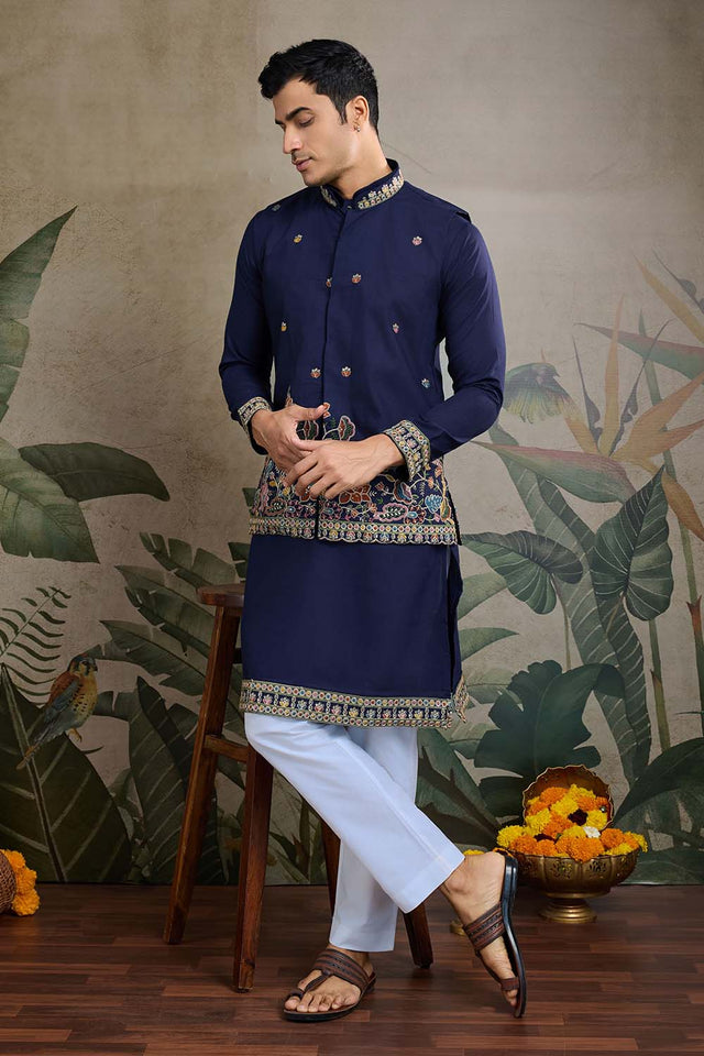 Men's Navy Blue Sequin with Embroidered Cotton Kurta with Jacket (ACZ6636)