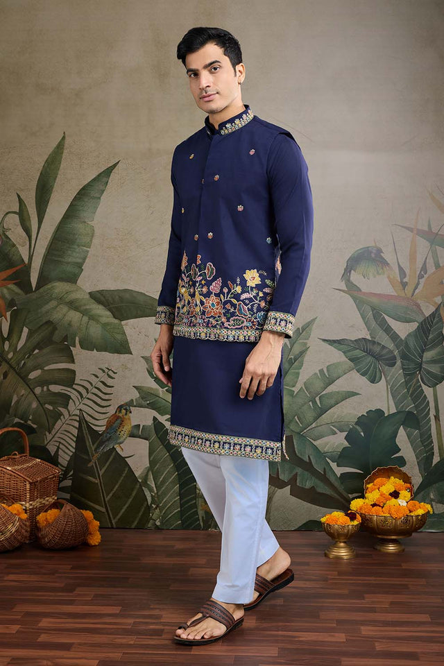 Men's Navy Blue Sequin with Embroidered Cotton Kurta with Jacket (ACZ6636)