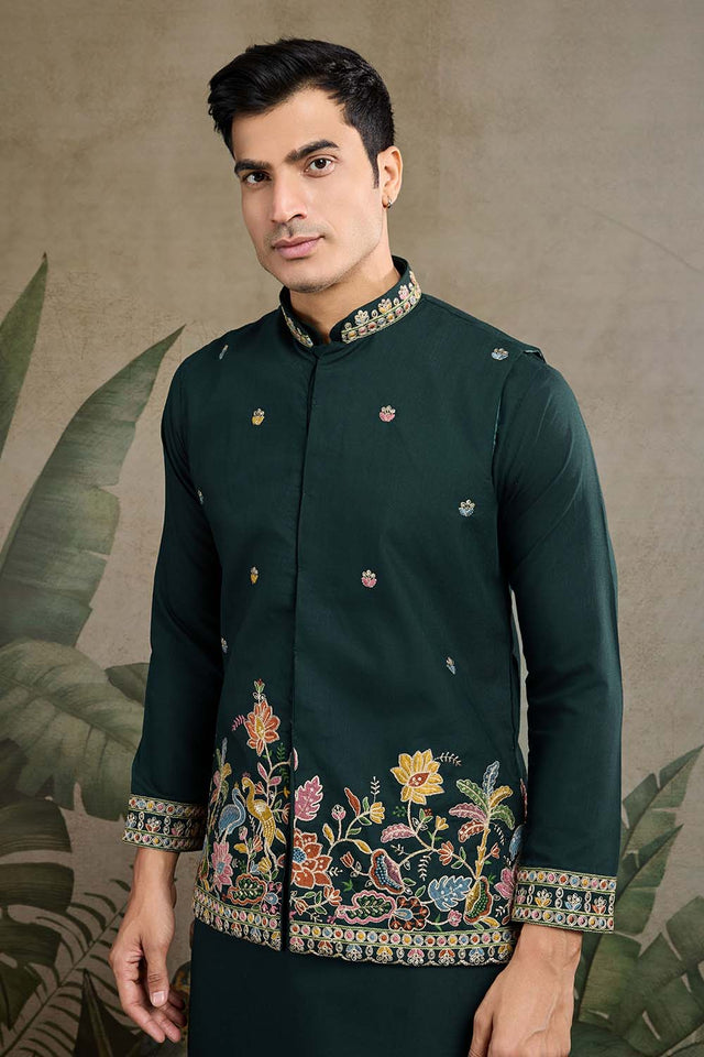 Men's Green Sequin with Embroidered Cotton Kurta with Jacket (ACZ6637)