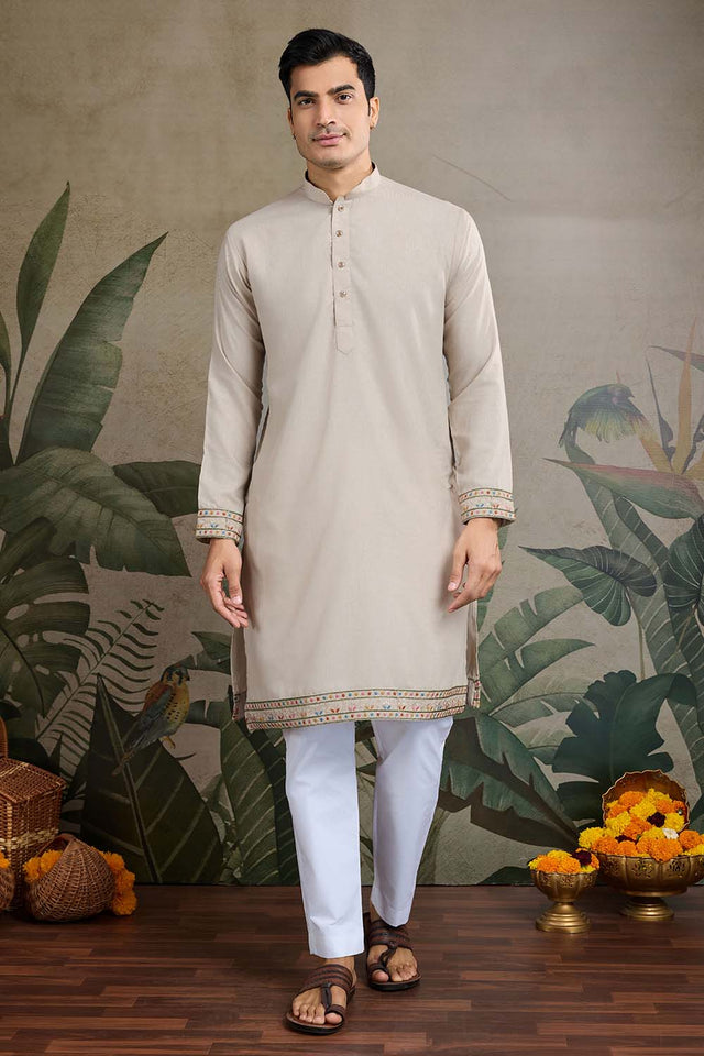 Men's Grey Sequin with Embroidered Cotton Kurta with Jacket (ACZ6638)