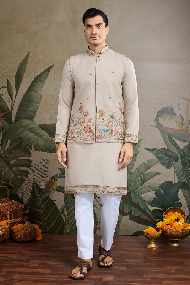 Men's Grey Sequin with Embroidered Cotton Kurta with Jacket (ACZ6638)