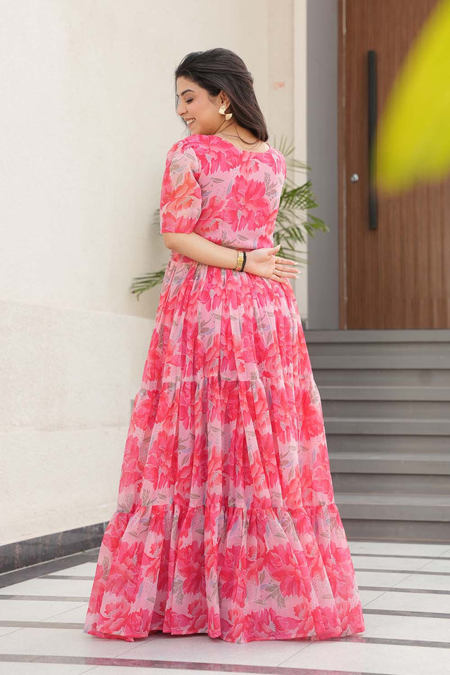 Pink Floral Printed Georgette Gown (ACZ6642)